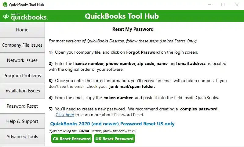 Password Reset tab