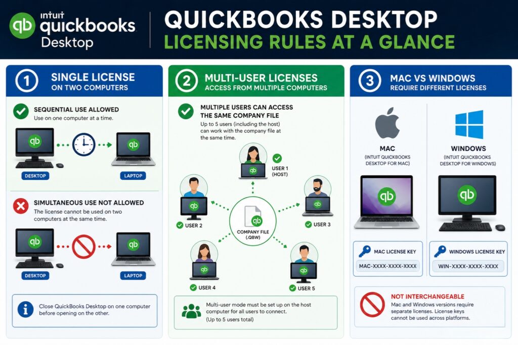 An infographic titled "QUICKBOOKS DESKTOP LICENSING RULES AT A GLANCE" in white and lime green text against a dark blue background. The Intuit QuickBooks Desktop logo is visible in the top left corner. The graphic is divided into three distinct vertical panels:
Panel 1: Single License On Two Computers. Labeled with a blue circle containing the number 1. The top section shows a desktop computer and a laptop connected through a clock icon with a green checkmark, labeled "Sequential Use Allowed: Use on one computer at a time." The bottom section shows the same computers with a red prohibition sign icon, labeled "Simultaneous Use Not Allowed: The license cannot be used on two computers at the same time." An information tip at the bottom advises closing QuickBooks Desktop on one computer before opening it on the other.
Panel 2: Multi-User Licenses Access From Multiple Computers. Labeled with a green circle containing the number 2. It features a centralized circle labeled "Company File (.QBW)" with dotted green lines radiating outward to five user avatars on laptops and desktops labeled User 1 (Host), User 2, User 3, User 4, and User 5. The text states "Multiple users can access the same company file: Up to 5 users (including the host) can work with the company file at the same time." A tip box at the bottom explains that multi-user mode must be set up on the host computer for all users to connect, up to 5 users total.
Panel 3: Mac vs Windows Require Different Licenses. Labeled with a blue circle containing the number 3. It is split into two columns: the left column shows the Apple logo and a laptop labeled "Mac (Intuit QuickBooks Desktop for Mac)" with a mock "MAC-XXXX-XXXX-XXXX" license key, while the right column shows the Windows logo and a desktop setup labeled "Windows (Intuit QuickBooks Desktop for Windows)" with a mock "WIN-XXXX-XXXX-XXXX" license key. A section at the bottom features a red prohibition symbol and notes that they are not interchangeable, meaning Mac and Windows versions require separate licenses and keys cannot be used across platforms.