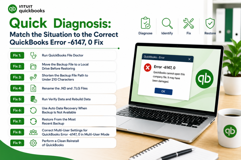 Professional QuickBooks troubleshooting infographic showing a laptop displaying “Error -6147, 0” beside the headline “Quick Diagnosis: Match the Situation to the Correct QuickBooks Error -6147, 0 Fix” with a list of repair solutions including File Doctor, backup restore, .ND and .TLG file repair, data rebuild, multi-user fixes, and QuickBooks reinstall options in a clean modern office workspace with green QuickBooks branding.