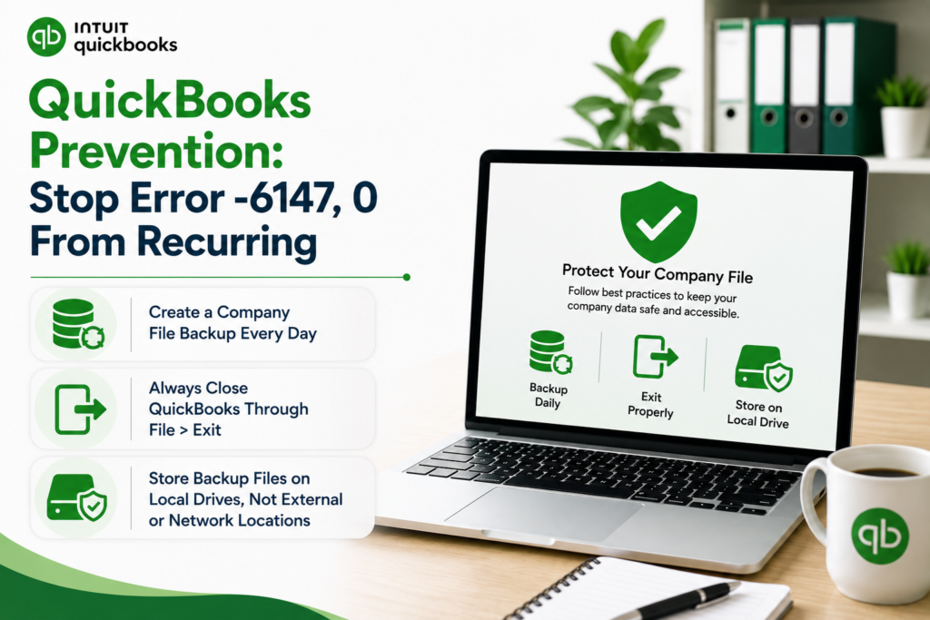 Professional QuickBooks prevention infographic showing a laptop with company file protection graphics beside the headline “QuickBooks Prevention: Stop Error -6147, 0 From Recurring.” The image highlights key prevention steps including creating daily company file backups, properly exiting QuickBooks through File > Exit, and storing backup files on local drives instead of external or network locations in a clean modern office workspace with green QuickBooks branding.