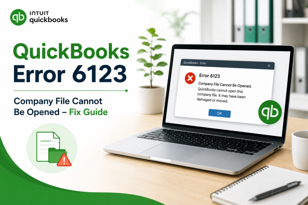 Cover image showing a laptop displaying “QuickBooks Error 6123 – Company File Cannot Be Opened” beside the headline “QuickBooks Error 6123 Company File Cannot Be Opened – Fix Guide” in a clean modern office workspace with QuickBooks-themed green accents.
