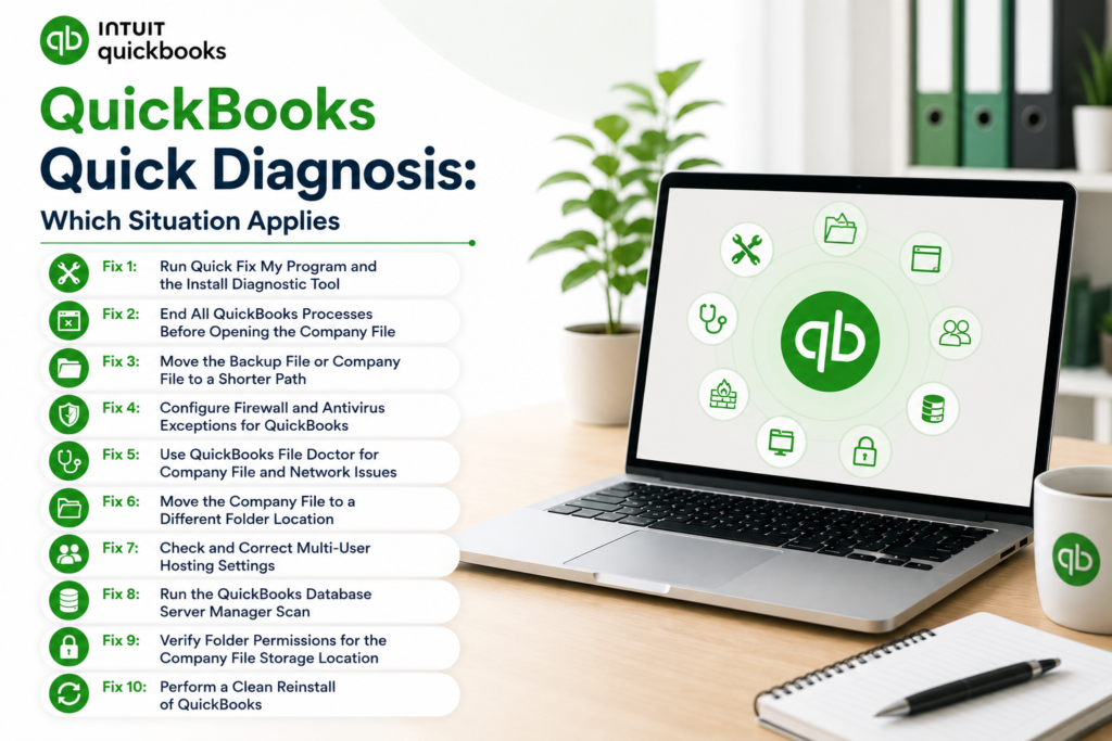 Infographic-style featured image showing a laptop with QuickBooks diagnostic icons and troubleshooting tools beside the headline “QuickBooks Quick Diagnosis: Which Situation Applies” in a clean modern office workspace with green QuickBooks branding.

The fixes are given in 10 points given below:

Fix 1: Run Quick Fix My Program and the Install Diagnostic Tool
Fix 2: End All QuickBooks Processes Before Opening the Company File
Fix 3: Move the Backup File or Company File to a Shorter Path
Fix 4: Configure Firewall and Antivirus Exceptions for QuickBooks
Fix 5: Use QuickBooks File Doctor for Company File and Network Issues
Fix 6: Move the Company File to a Different Folder Location
Fix 7: Check and Correct Multi-User Hosting Settings
Fix 8: Run the QuickBooks Database Server Manager Scan
Fix 9: Verify Folder Permissions for the Company File Storage Location
Fix 10: Perform a Clean Reinstall of QuickBooks