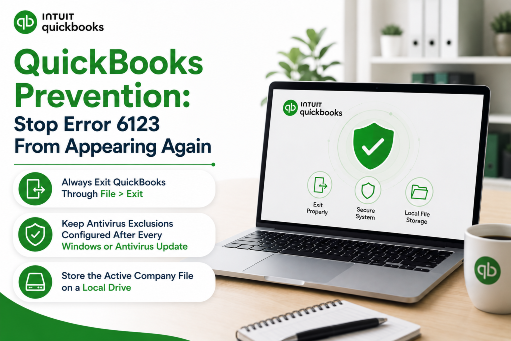 A professional QuickBooks-themed infographic displayed in a modern office workspace. On the left side, a bold green and dark navy headline reads “QuickBooks Prevention: Stop Error 6123 From Appearing Again.” Below the heading are three rounded white information panels with green icons representing prevention methods. The first panel features an exit icon and explains exiting QuickBooks properly through File > Exit. The second panel includes a shield icon emphasizing antivirus exclusions after every Windows or antivirus update. The third panel displays a storage drive icon representing storing the active company file on a local drive.

On the right side, a silver laptop sits on a wooden desk with a QuickBooks security dashboard shown on screen. The display includes a large green shield with a white checkmark symbolizing system protection and stability. Beneath the shield are three smaller icons labeled “Exit Properly,” “Secure System,” and “Local File Storage.” The office background contains blurred shelves, binders, indoor plants, a coffee mug with the QuickBooks logo, and a notebook with a pen, creating a clean and professional business environment with green QuickBooks branding throughout.