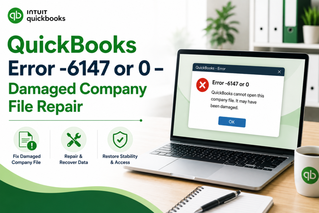 Professional cover image showing a laptop displaying “QuickBooks Error -6147 or 0” with a damaged company file warning beside the headline “QuickBooks Error -6147 or 0 – Damaged Company File Repair” in a clean modern office workspace with QuickBooks-themed green accents and repair icons.