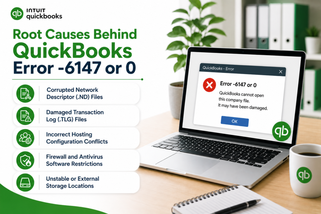 Professional infographic showing a laptop displaying “QuickBooks Error -6147 or 0” beside the headline “Root Causes Behind QuickBooks Error -6147 or 0” with listed causes including corrupted .ND files, damaged .TLG files, hosting conflicts, firewall restrictions, and unstable storage locations in a clean modern office workspace with QuickBooks-themed green accents.