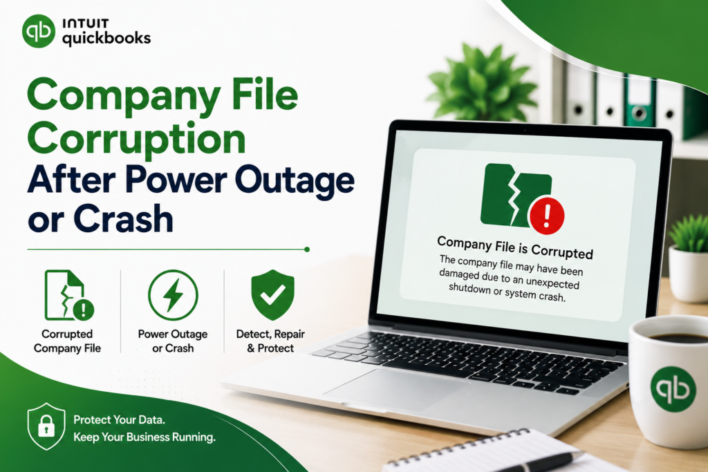 Professional QuickBooks-themed cover page illustrating company file corruption after a power outage or system crash. The design features the QuickBooks logo, bold green and black typography, a laptop displaying a ‘Company File Corrupted’ error message, a broken file icon, and a dramatic lightning storm in the background. Additional icons at the bottom represent causes, prevention, recovery, and expert support solutions.