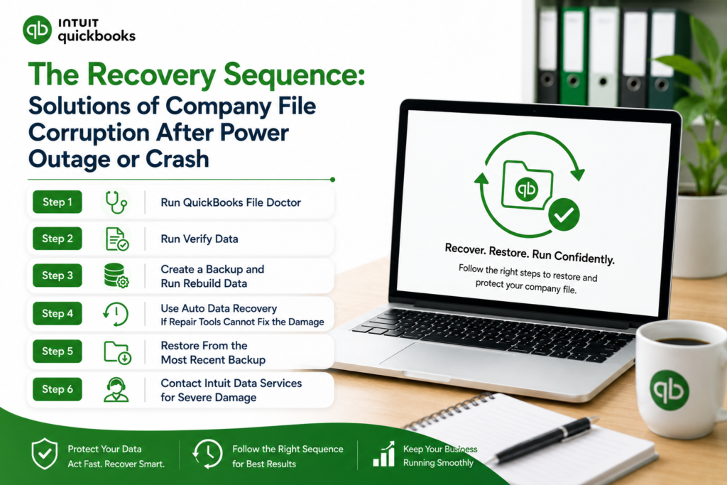 Professional QuickBooks recovery infographic showing a laptop with company file recovery graphics beside the headline “The Recovery Sequence: Solutions of Company File Corruption After Power Outage or Crash.” The image highlights step-by-step recovery methods including QuickBooks File Doctor, Verify Data, Rebuild Data, Auto Data Recovery, restoring from backup, and contacting Intuit Data Services, presented in a clean modern office workspace with green QuickBooks branding and recovery-themed icons.