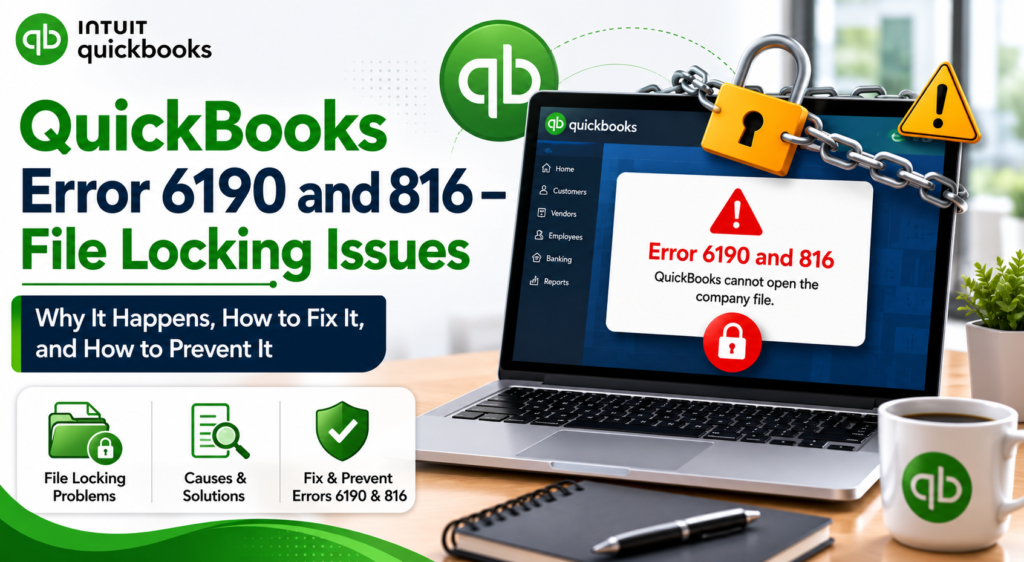 Professional QuickBooks-themed cover image showing a laptop displaying “QuickBooks Error 6190 and 816” with a locked company file warning beside the headline “QuickBooks Error 6190 and 816 – File Locking Issues.” The design includes lock and warning icons, file-access graphics, and a clean modern office workspace with green QuickBooks branding focused on troubleshooting file locking conflicts.