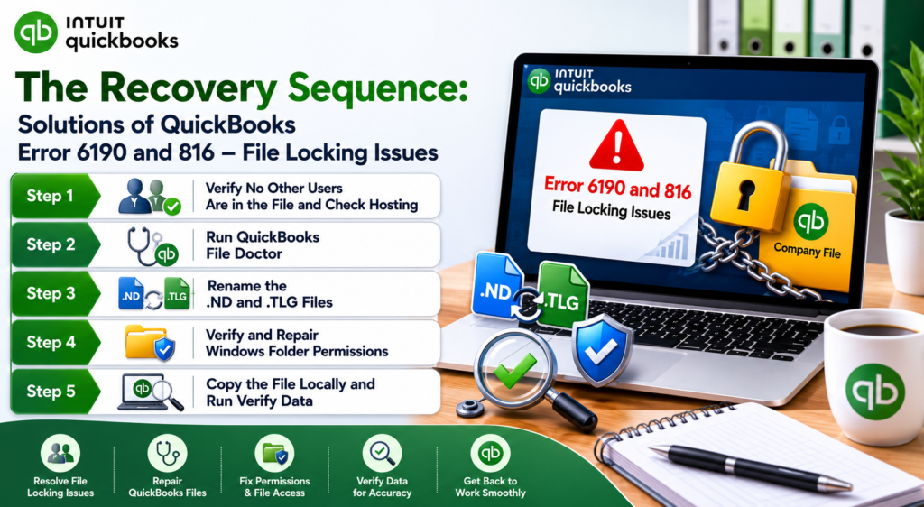 Professional QuickBooks recovery infographic showing a laptop displaying “Error 6190 and 816 – File Locking Issues” beside the headline “The Recovery Sequence: Solutions of QuickBooks Error 6190 and 816 – File Locking Issues.” The image highlights step-by-step recovery methods including checking hosting settings, running QuickBooks File Doctor, renaming .ND and .TLG files, repairing folder permissions, and verifying data locally, all presented in a clean modern office workspace with green QuickBooks branding, lock icons, and troubleshooting graphics.
