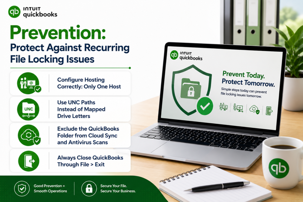 Professional QuickBooks prevention infographic showing a laptop with security and file protection graphics beside the headline “Prevention: Protect Against Recurring File Locking Issues.” The image highlights preventive measures including configuring only one host for hosting, using UNC paths instead of mapped drives, excluding QuickBooks folders from cloud sync and antivirus scans, and properly exiting QuickBooks through File > Exit in a clean modern office workspace with green QuickBooks branding.
