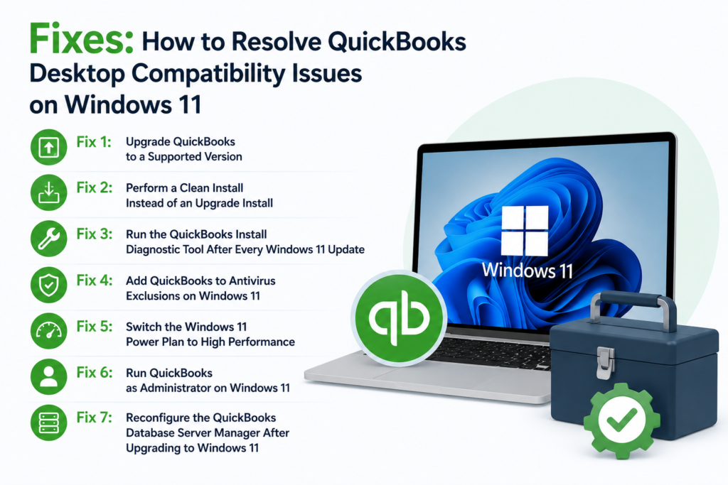 A clean professional infographic titled “Fixes: How to Resolve QuickBooks Desktop Compatibility Issues on Windows 11” displayed on a white background with green and dark blue accents. The left side lists seven QuickBooks troubleshooting fixes with green circular icons beside each item, including upgrading QuickBooks, performing a clean install, running the Install Diagnostic Tool, adding antivirus exclusions, switching to High Performance mode, running QuickBooks as administrator, and reconfiguring the Database Server Manager. On the right side, a modern laptop displays the Windows 11 wallpaper and logo, accompanied by a green QuickBooks logo, a dark toolbox graphic, and a green gear icon with a checkmark, representing system repair and optimization.