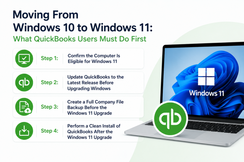 A clean professional infographic titled “Moving From Windows 10 to Windows 11: What QuickBooks Users Must Do First” on a white background with dark blue and green accents. The left side displays four step-by-step preparation tasks inside rounded rectangular boxes with green icons. The steps include confirming the computer is eligible for Windows 11, updating QuickBooks before upgrading Windows, creating a full company file backup, and performing a clean install of QuickBooks after the upgrade. On the right side, a modern laptop displays the Windows 11 wallpaper and logo, with a large green QuickBooks logo positioned in front of the laptop. The design uses a minimal corporate layout with soft gradients and clean spacing.