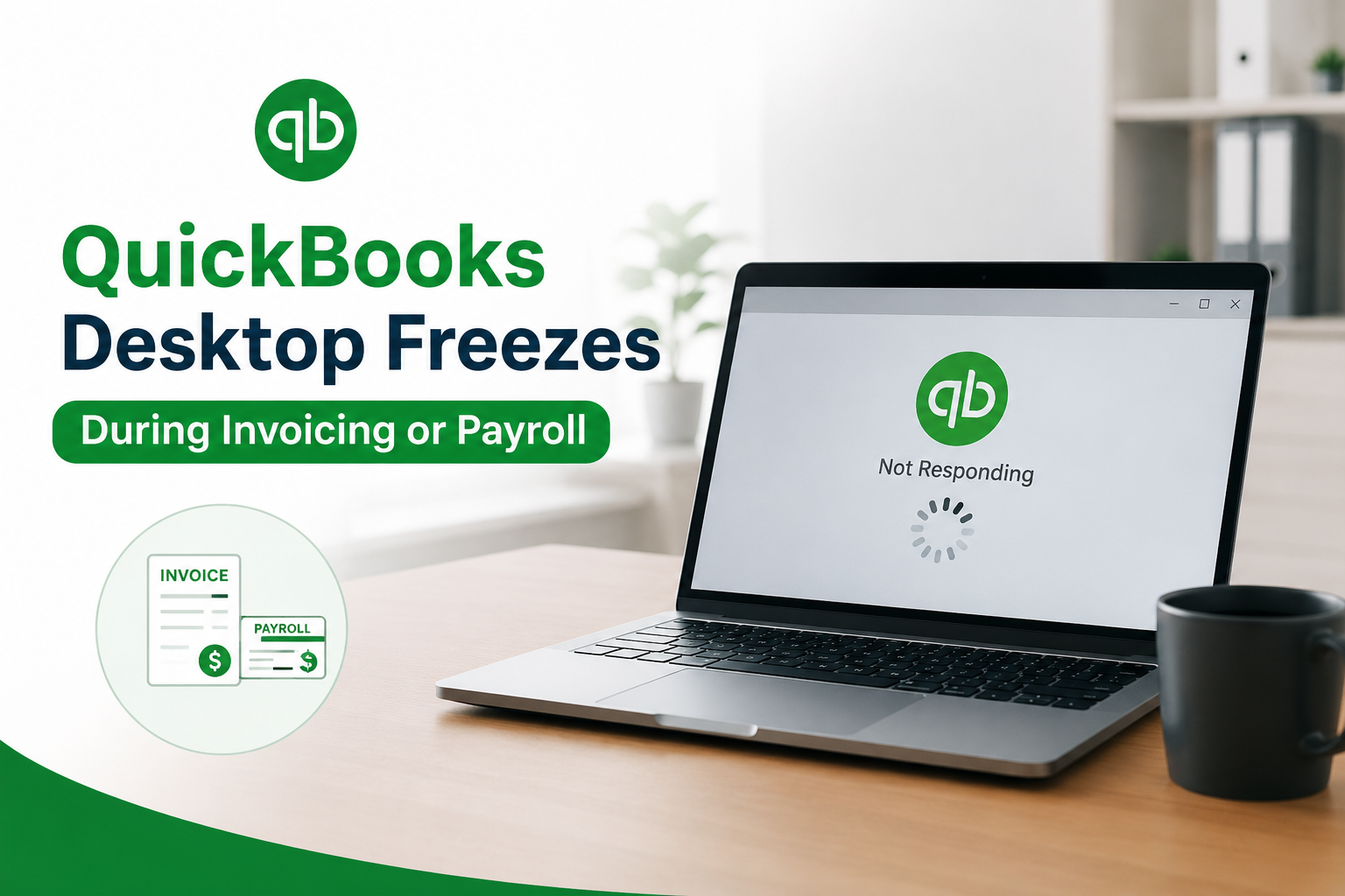 Featured image showing a laptop with a frozen QuickBooks Desktop screen displaying “Not Responding” beside the headline “QuickBooks Desktop Freezes During Invoicing or Payroll” in a clean modern office setup.