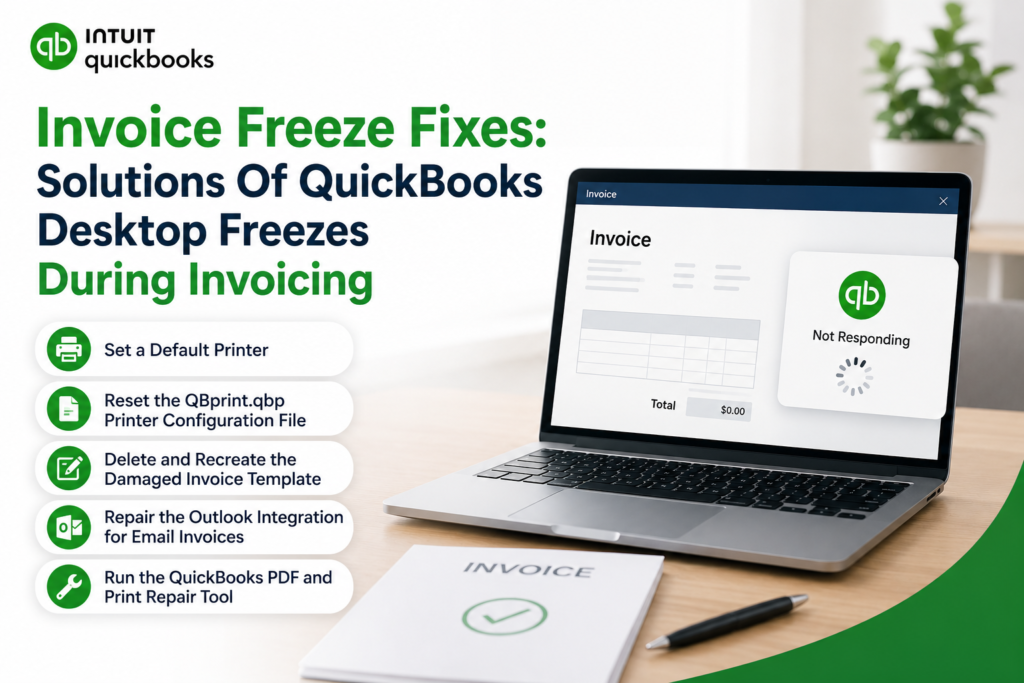 Illustration of a laptop displaying a frozen QuickBooks invoice screen with a “Not Responding” alert beside the headline “Invoice Freeze Fixes: Solutions Of QuickBooks Desktop Freezes During Invoicing” in a clean modern office setting with troubleshooting icons.
