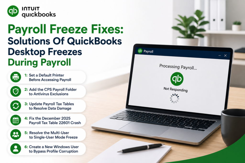 Featured image showing a laptop with a frozen QuickBooks payroll processing screen displaying “Not Responding” beside the headline “Payroll Freeze Fixes: Solutions Of QuickBooks Desktop Freezes During Payroll” in a clean modern office workspace.
