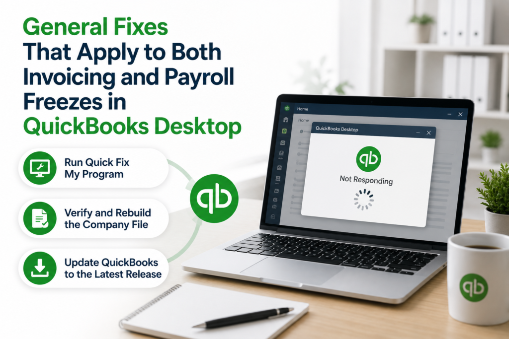 Professional featured image showing a laptop with a frozen QuickBooks Desktop screen and repair icons beside the headline “General Fixes That Apply to Both Invoicing and Payroll Freezes in QuickBooks Desktop” in a clean modern office environment.
