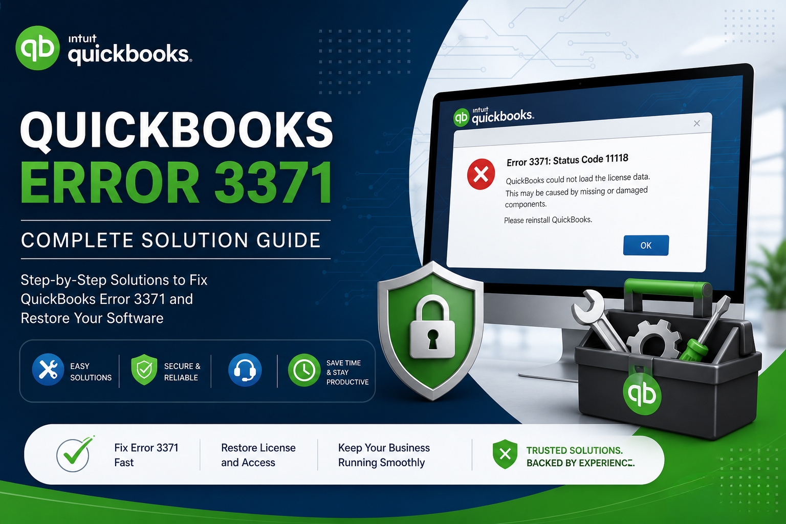 An infographic titled "QUICKLY FIX QUICKBOOKS ERROR 3371" with the subtitle "Could not initialize license properties." The graphic is split into three main sections on a dark, high-tech blue background: Main Visual (Center): A large orange warning triangle contains the number 3371. To its right, a white "QuickBooks Desktop" window displays a red error message: "Error 3371: QuickBooks could not load the license data. This may be caused by missing or damaged files." The Problem (Left): Labeled "WHY IT HAPPENS?", this section lists three points with orange icons: Missing Files: EntitlementDataStore.ecml is missing. Damaged Components: MSXML or .NET Framework issues. System Changes: Recent hardware or OS updates. The Solution (Right): Labeled "HOW TO FIX?", this section lists three steps with green icons: Update Windows: Install latest security patches. Run Tool Hub: Use the 3371 Check in Tool Hub. Clean Install: Reinstall using the Clean Install Tool. The bottom features a call-to-action: "Need Expert Help? Resolve Error 3371 and get back to work fast!" alongside icons for support and a "qb" logo inside a secure shield.