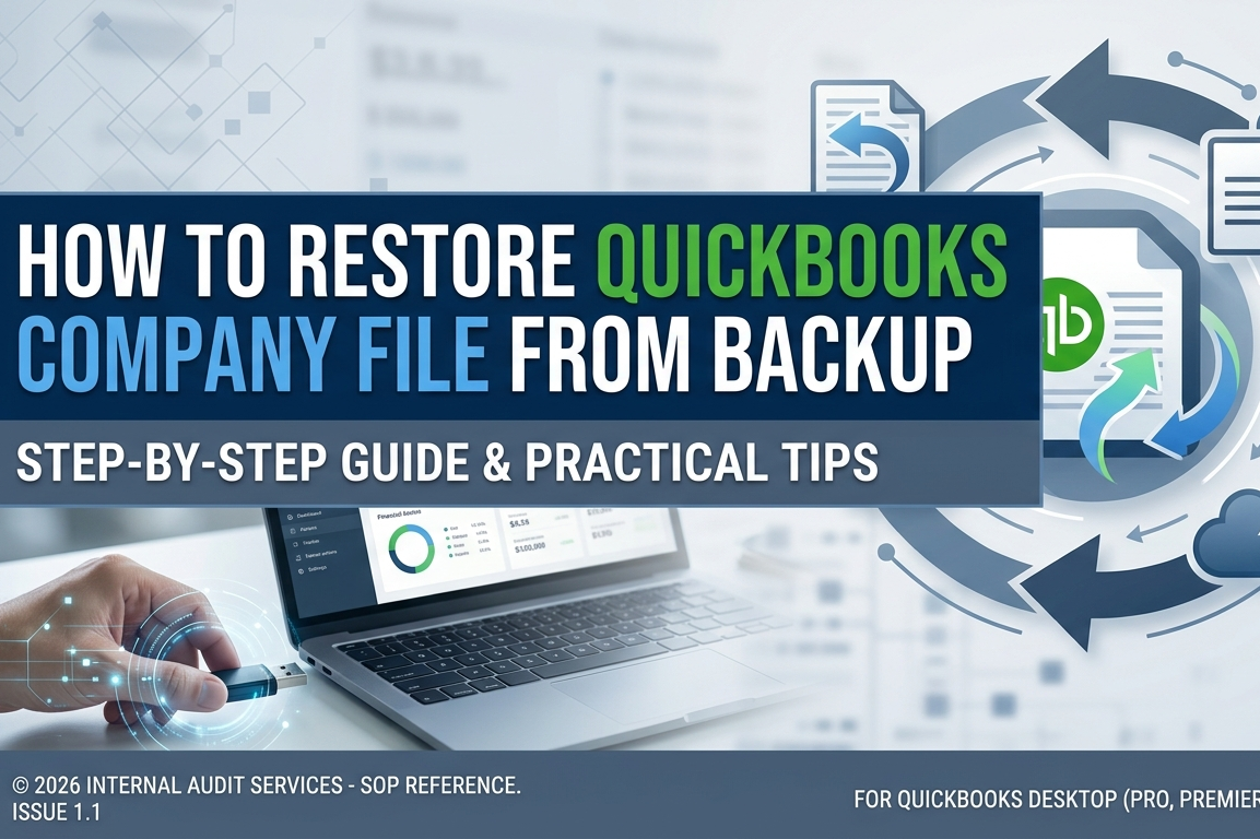 A professional corporate book cover or presentation slide layout titled 'HOW TO RESTORE QUICKBOOKS COMPANY FILE FROM BACKUP' in bold blue and white text on a dark blue banner. Below the title, a grey subtitle bar reads 'STEP-BY-STEP GUIDE & PRACTICAL TIPS'. The background features a clean, high-tech finance aesthetic. On the bottom left, a person's hand is shown inserting a blue USB flash drive into a modern silver laptop displaying a financial dashboard with charts and graphs. On the right side, a circular graphic element illustrates data recovery, featuring looping arrows, a document icon with a green QuickBooks-style 'qb' logo, and a digital cloud storage icon. The bottom footer includes small professional text reading '© 2026 INTERNAL AUDIT SERVICES - SOP REFERENCE. ISSUE 1.1' and 'FOR QUICKBOOKS DESKTOP (PRO, PREMIER, ENTERPRISE)'