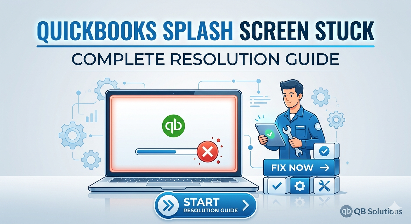 A professional featured image for a technical guide titled "QuickBooks Stuck on Splash Screen or Freezing: Complete Resolution Guide." The illustration features a modern laptop on a clean white desk showing the QuickBooks logo stuck on a loading bar with a red "X" error icon. Next to the laptop, a friendly technician in a blue uniform holds a tablet and a wrench, symbolizing support. The background is a clean, light blue with subtle gear and circuit patterns, featuring a "Start Resolution Guide" button at the bottom.