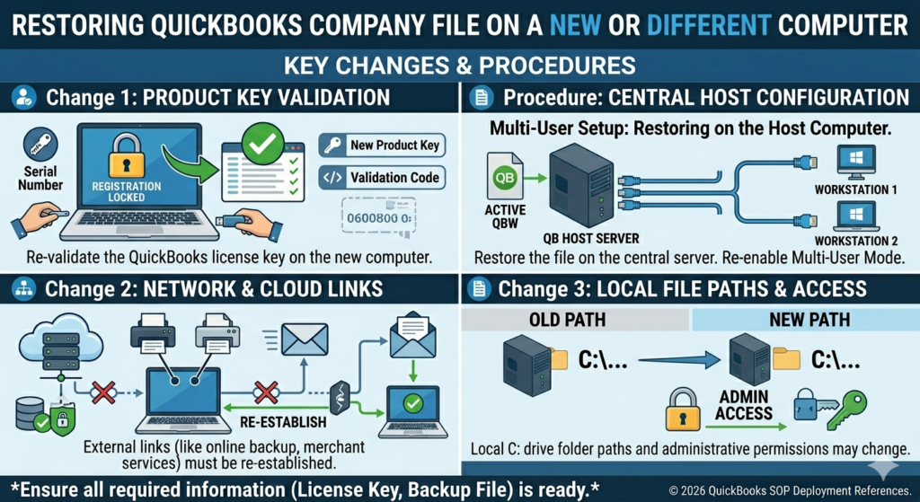 A cleanly structured, four-panel technical diagram organized into a balanced 2x2 grid. It describes the essential changes and procedures when restoring a QuickBooks company file on a new or different computer system. The layout uses a dark blue and white color scheme with minimal clutter.
Top-Left Panel (Change 1: Product Key Validation): Illustrates a laptop with a padlock icon reading 'REGISTRATION LOCKED'. An arrow points to a verification window with a green checkmark, accompanied by 'New Product Key' and 'Validation Code' buttons. A caption reads: 'Re-validate the QuickBooks license key on the new computer.'
Top-Right Panel (Procedure: Central Host Configuration): Shows a multi-user server setup. A file icon marked 'ACTIVE QBW' goes into a central 'QB HOST SERVER' tower. Blue ethernet network cables cleanly branch out from the server to connect to 'WORKSTATION 1' and 'WORKSTATION 2'. A caption reads: 'Restore the file on the central server. Re-enable Multi-User Mode.'
Bottom-Left Panel (Change 2: Network & Cloud Links): Features a central laptop surrounded by cloud storage, network printer, and email server icons. Red 'X' symbols highlight broken links that change to a green path labeled 'RE-ESTABLISH'. A caption reads: 'External links (like online backup, merchant services) must be re-established.'
Bottom-Right Panel (Change 3: Local File Paths & Access): Displays a simplified side-by-side comparison labeled 'OLD PATH' and 'NEW PATH' showing hard drive icons pointing to 'C:...'. Below them, a golden padlock icon transforms into an open padlock with a green key labeled 'ADMIN ACCESS'. A caption reads: 'Local C: drive folder paths and administrative permissions may change.'
A distinct dark blue banner spans across the bottom of the entire graphic, displaying the warning text: 'Ensure all required information (License Key, Backup File) is ready.' alongside the footer '© 2026 QuickBooks SOP Deployment References.'