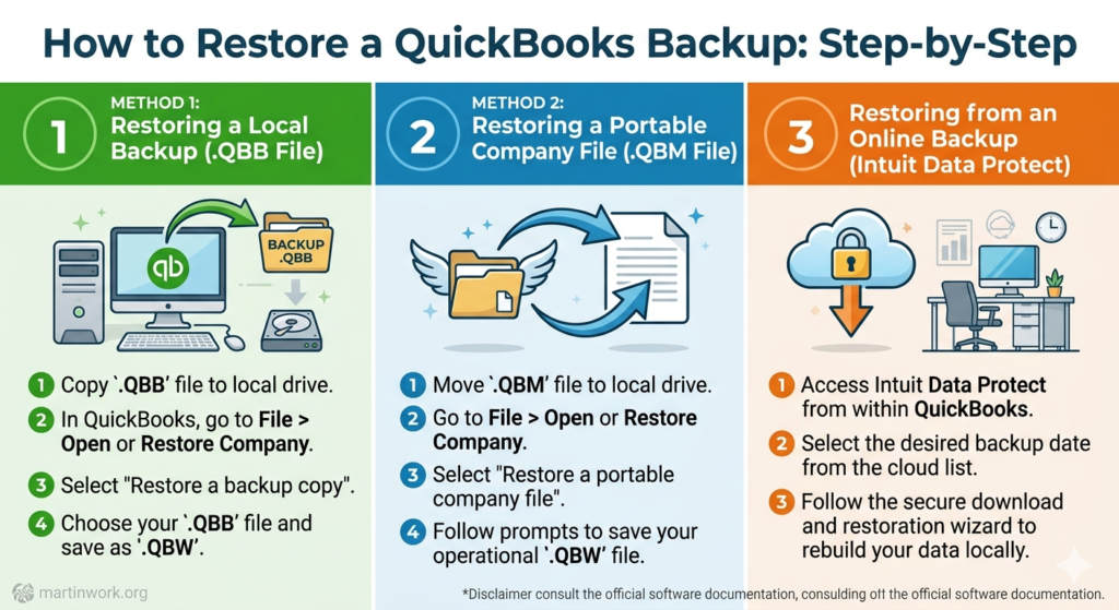 A professional, step-by-step instructional infographic divided into three distinct horizontal sections detailing methods for restoring a QuickBooks file. The top banner is titled 'How to Restore a QuickBooks Backup: Step-by-Step'.
Section 1 (Method 1): Titled 'Method 1: Restoring a Local Backup (.QBB File)'. It illustrates an icon of a local hard drive or folder unpacking a compressed '.qbb' file into a working QuickBooks '.qbw' company file.
Section 2 (Method 2): Titled 'Method 2: Restoring a Portable Company File (.QBM File)'. It shows a lightweight email or compact file icon expanding into a full database, representing the process of unzipping a portable file used for moving data between systems.
Section 3 (Method 3): Titled 'Method 3: Restoring from an Online Backup (Intuit Data Protect)'. It features a secure cloud storage icon with an arrow pointing downward to a local computer workstation, representing the secure download and recovery of financial data via Intuit's online protection service.
The overall image uses a clean, corporate finance layout with a cohesive blue and green color scheme matching standard financial software interfaces.