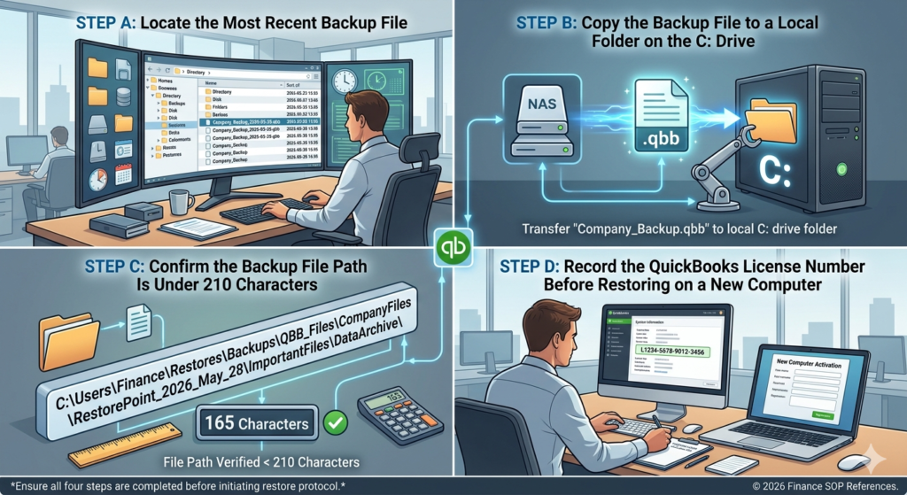 A professional four-panel technical infographic divided into a 2x2 grid, detailing the required pre-restoration steps for a QuickBooks company file. At the center intersection of the grid is a green QuickBooks 'qb' logo.
> * **Top-Left Panel (Step A):** Titled 'STEP A: Locate the Most Recent Backup File'. It shows a male IT professional sitting at a desk with multiple monitor screens, looking at a detailed computer file explorer directory showing backup folders and files with a '.qbb' extension.
> * **Top-Right Panel (Step B):** Titled 'STEP B: Copy the Backup File to a Local Folder on the C: Drive'. A conceptual graphic illustrating a file named '.qbb' being transferred via glowing blue energy from a Network Attached Storage (NAS) tower over to a local desktop computer case marked with a prominent folder icon and a 'C:' drive symbol.
> * **Bottom-Left Panel (Step C):** Titled 'STEP C: Confirm the Backup File Path Is Under 210 Characters'. It displays a long, simulated Windows file path string inside a text block: 'C:\Users\Finance\Restores\Backups\QBB_Files\CompanyFiles\RestorePoint_2026_May_28\ImportantFiles\DataArchive'. Below it, a badge reads '165 Characters' with a green checkmark, indicating it is verified under the 210-character limit.
> * **Bottom-Right Panel (Step D):** Titled 'STEP D: Record the QuickBooks License Number Before Restoring on a New Computer'. It shows an accountant noting down a license number displayed on his main monitor ('L1234-5678-9012-3456') to enter it into a nearby laptop screen labeled 'New Computer Activation'.
A dark blue footer runs along the very bottom, reading: '*Ensure all four steps are completed before initiating restore protocol.*' and '© 2026 Finance SOP References.'."