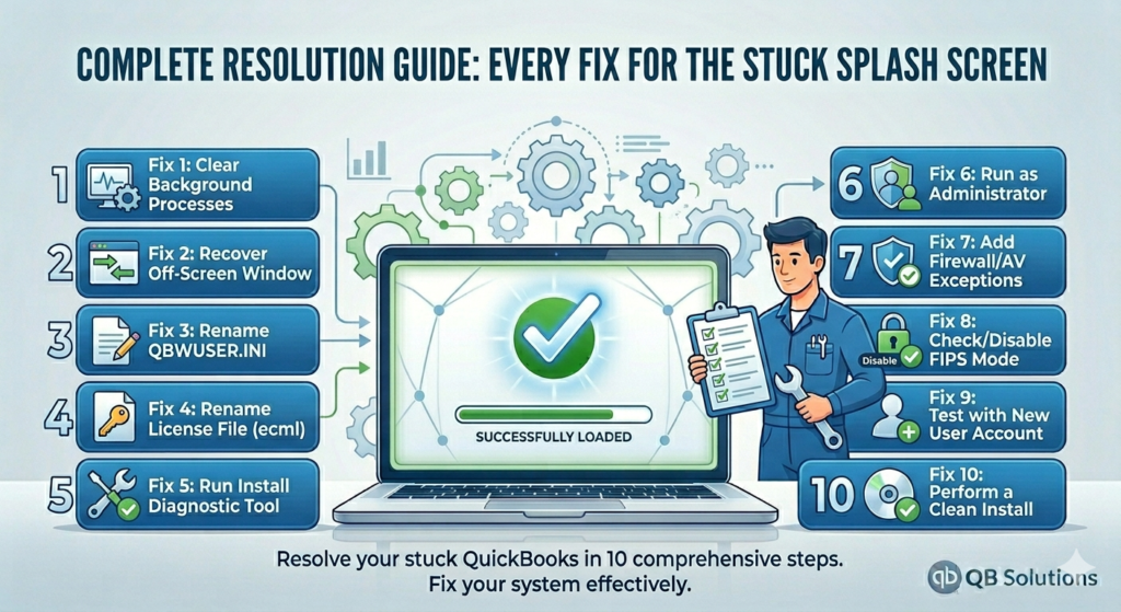 A professional infographic titled "COMPLETE RESOLUTION GUIDE: EVERY FIX FOR THE STUCK SPLASH SCREEN." The central image shows a laptop with a green "Successfully Loaded" progress bar and a checkmark. To the right, a friendly technician in a blue uniform holds a completed checklist and a wrench. Surrounding the laptop are ten numbered blue blocks, each representing a specific troubleshooting step: 1. Clear Background Processes, 2. Recover Off-Screen Window, 3. Rename QBWUSER.INI, 4. Rename License File (ecml), 5. Run Install Diagnostic Tool, 6. Run as Administrator, 7. Add Firewall/AV Exceptions, 8. Check/Disable FIPS Mode, 9. Test with New User Account, and 10. Perform a Clean Install. The design is clean and organized with a light blue background and technical gear accents.