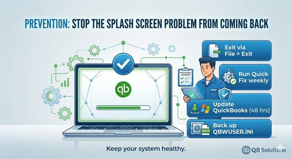 A clean, professional infographic titled "PREVENTION: STOP THE SPLASH SCREEN PROBLEM FROM COMING BACK."

The central illustration features a modern laptop displaying the QuickBooks (qb) logo with a smooth, green progress bar, indicating optimal system health. A large blue checkmark is superimposed over the healthy screen.

To the right, a calm and confident technician in a blue uniform, based on the previous character, holds a "Prevention Checklist" tablet with a green checkmark and a shield icon. He stands behind a vertical stack of four rounded-corner blue solution blocks, each containing a clean icon and concise prevention text:

Top Block: (File closing icon) "Exit via File > Exit"

Second Block: (Gear with a timer icon) "Run Quick Fix weekly"

Third Block: (Download arrow over a Windows flag icon) "Update QuickBooks (48 hrs)"

Fourth Block: (File folder icon) "Back up QBWUSER.INI"

The entire scene is set against a simplified background network of clean line-art gears and data points, updated from previous images to feel organized and healthy, with subtle green accents. A line of text at the bottom center reads, "Keep your system healthy." The "QB Solutions" logo is in the bottom-right corner. The lighting is soft and even, and the elements are spaced out for clarity.