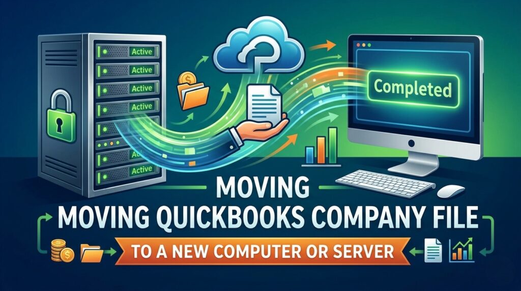An illustrative graphic titled "MOVING QUICKBOOKS COMPANY FILE TO A NEW COMPUTER OR SERVER."
The image features a dynamic digital transfer scene set against a dark teal and green background:
Left Side: A tall, silver server tower with multiple glowing green "Active" status lights and a prominent green padlock icon on its front door.
Center: A hand emerges from a swirling, multicolored stream of data light, holding a document icon representing a company file. Above the hand, a blue cloud icon and an open orange folder with a gold coin signify cloud and data migration.
Right Side: A sleek desktop computer monitor displays a glowing green button that says "Completed." A white keyboard and mouse sit on the desk in front of it.
Bottom Section: The main title text is displayed in bold white lettering. Below it, an orange ribbon banner contains the text "TO A NEW COMPUTER OR SERVER," flanked by small icons of gold coins, folders, documents, and growth charts connected by green workflow arrows.