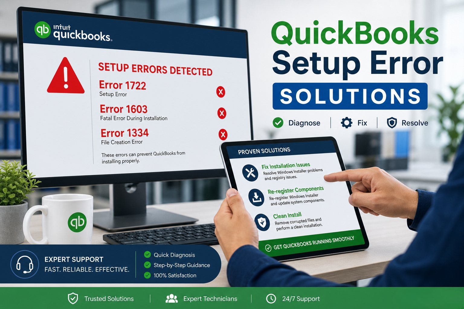 This is a professional cover image titled "QuickBooks Setup Error SOLUTIONS." The graphic features a workplace setting where a user is troubleshooting software issues using both a desktop computer and a tablet. Key elements of the infographic include: Desktop Screen: Displays a "SETUP ERRORS DETECTED" message with three specific error codes: Error 1722: Setup Error. Error 1603: Fatal Error During Installation. Error 1334: File Creation Error. Tablet Screen: Titled "PROVEN SOLUTIONS," it lists three primary fixes: Fix Installation Issues: Resolve Windows Installer and registry problems. Re-register Components: Re-register Windows Installer and update system components. Clean Install: Remove corrupted files and perform a fresh installation. Process Workflow: A three-step methodology highlighted as Diagnose, Fix, and Resolve. Support Features: A section for "EXPERT SUPPORT" promising Quick Diagnosis, Step-by-Step Guidance, and 100% Satisfaction. Footer: Assurance labels for "Trusted Solutions," "Expert Technicians," and "24/7 Support."