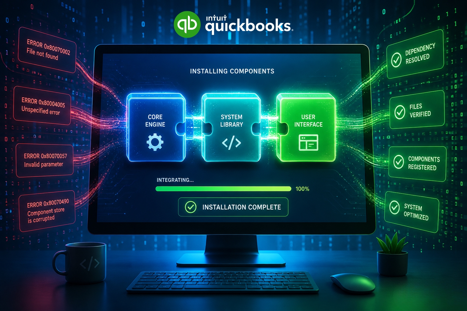 This is a professional cover image titled "QUICKBOOKS ERROR 3371: COMPLETE DIAGNOSTIC & FIX GUIDE," with the subtitle "Fix Activation & License Validation Issues Fast." The graphic features a workplace setting with a laptop and a desktop monitor displaying technical issues and tools: Desktop Monitor: Displays an "ERROR 3371 DETECTED" warning message along with three key background files causing the issue: EntitlementDataStore.ecml QBregistration.dat QBWUSER.INI Laptop Screen: Shows the QuickBooks Tool Hub interface with the "Installation Issues" tab selected and the "3371 Error Fix" tool highlighted. Visual Elements: A blue "QuickBooks Repair Tools" toolbox filled with a wrench and screwdrivers sits on the desk next to a stethoscope, symbolizing a technical software health check. Process Workflow: A three-step methodology highlighted at the top as Diagnose, Fix, and Protect. Support Features: A section for "EXPERT SUPPORT" promising Quick Diagnosis, Step-by-Step Guidance, and 100% Satisfaction. Footer: Assurance labels for "Trusted Solutions," "Expert Technicians," and "24/7 Support."