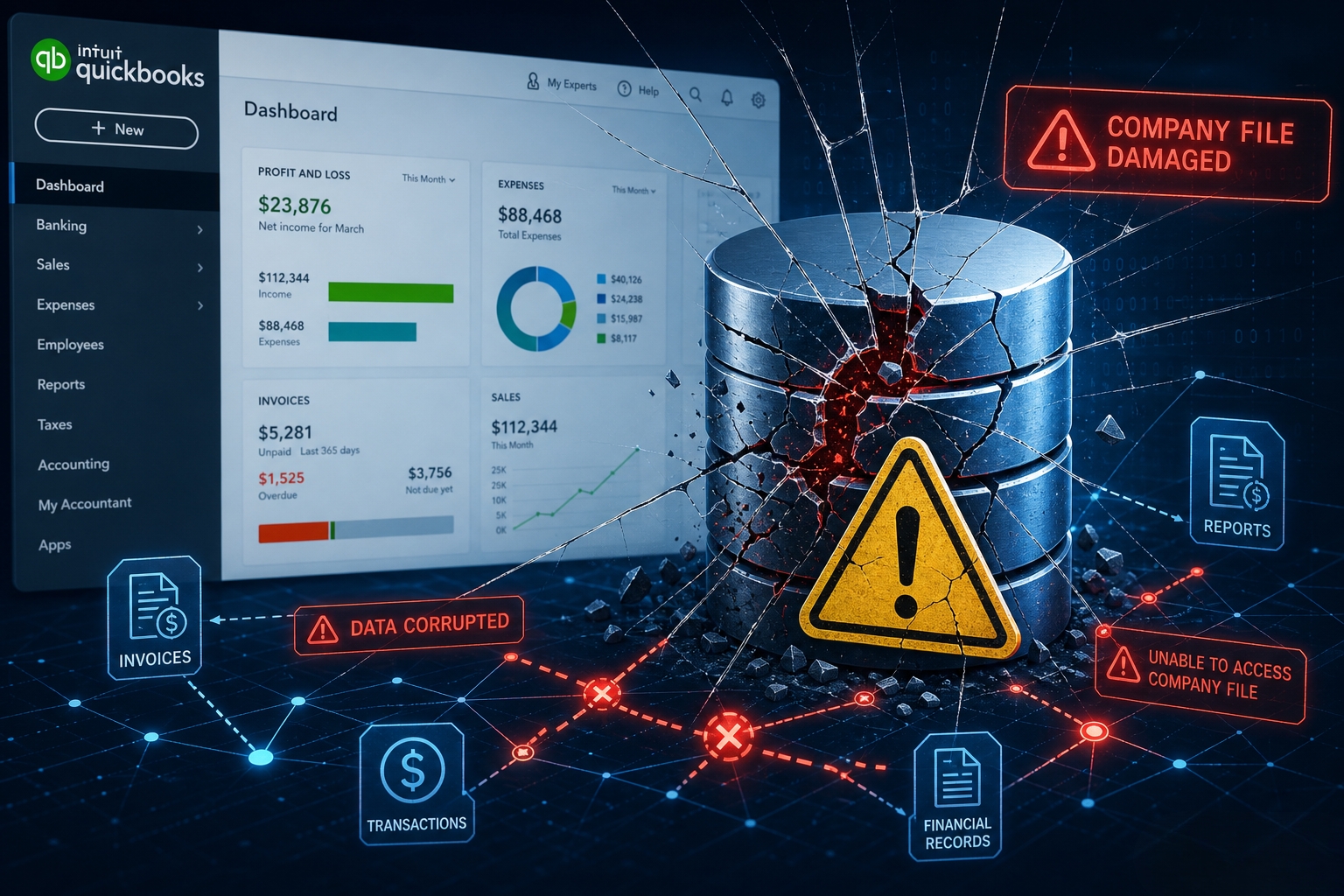 A dramatic, high-tech conceptual image illustrating software failure and data corruption. Visual Composition Background: A clean QuickBooks Online dashboard is visible in the background, showing financial metrics like Profit and Loss and Expenses. The "Crash": The scene is viewed through a shattered glass effect, with cracks radiating from the center. The Centerpiece: A metallic, cylindrical database icon is literally cracked and crumbling. A large, yellow triangular warning sign with an exclamation point sits prominently in front of the damaged database. Foreground: A digital floor features a glowing network of connected nodes. Several nodes are marked with red "X" symbols, indicating broken connections. Warning Indicators and Icons Several glowing red and blue holographic boxes highlight specific system errors: Red Warning Boxes: "COMPANY FILE DAMAGED," "DATA CORRUPTED," and "UNABLE TO ACCESS COMPANY FILE." Blue Feature Icons: Surrounding the damage are icons for "INVOICES," "TRANSACTIONS," "FINANCIAL RECORDS," and "REPORTS," representing the various data sets affected by the system failure. The overall mood is urgent and technical, visually representing a "worst-case scenario" for business accounting software.