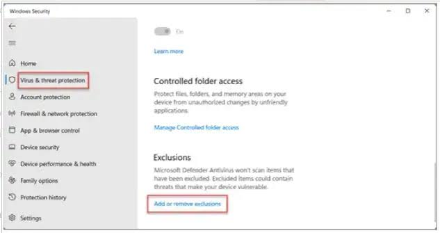 Windows Security window highlighting Virus & threat protection and Add or remove exclusions option