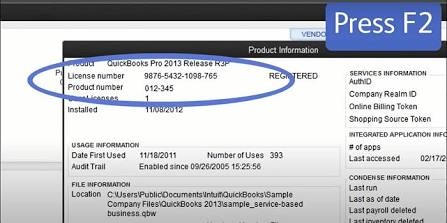 QuickBooks Desktop Product Information window highlighting license number and product number after pressing F2.