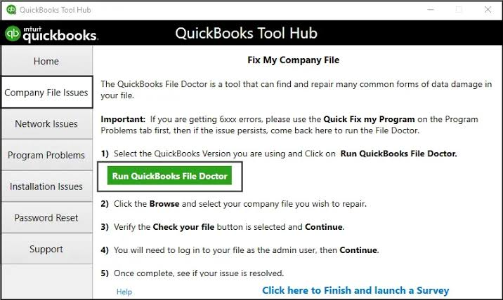 QuickBooks Tool Hub displays the Company File Issues tab and the Run QuickBooks File Doctor button.