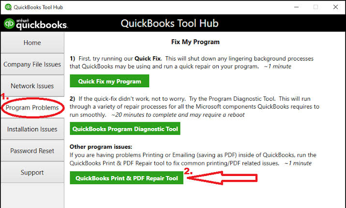QuickBooks Tool Hub showing Program Problems tab and QuickBooks Print & PDF Repair Tool highlighted.