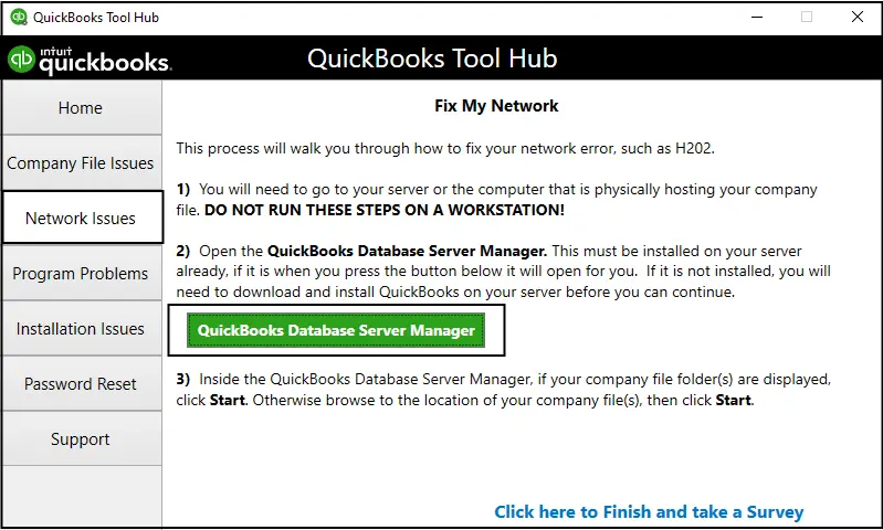 QuickBooks Tool Hub showing Network Issues tab with QuickBooks Database Server Manager highlighted.