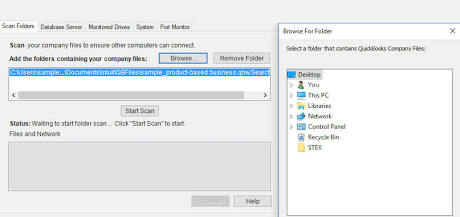 QuickBooks Database Server Manager Scan Folders tab with Browse For Folder popup window