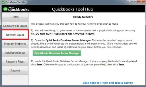 Infographic showing QuickBooks Tool Hub, the Network Issues and the QuickBooks Database Server Manager.