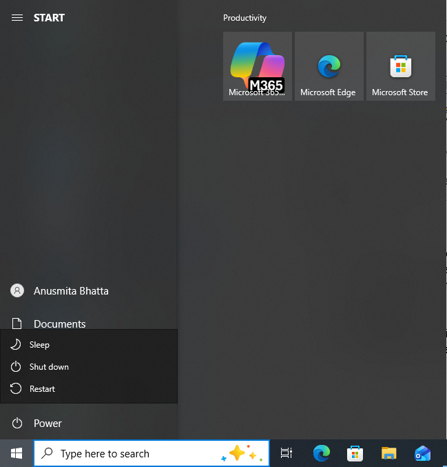 Start button on the Windows taskbar showing the Power icon and the Restart button