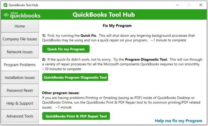 Infographic showing QuickBooks Tool Hub, Program Problems from the left panel and the Quick Fix my Program.