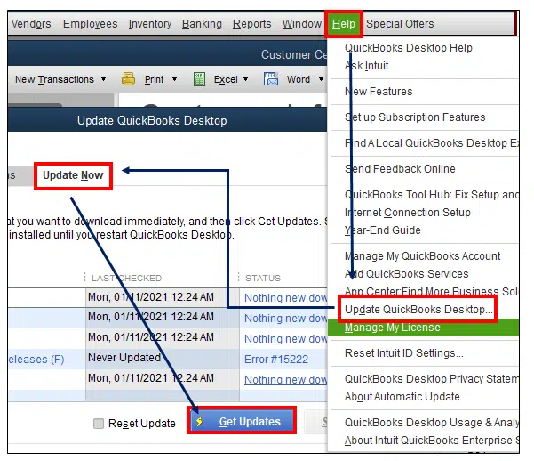Infographic outlining initial steps to fix a QuickBooks Desktop Unexpected Error, featuring a laptop displaying the QuickBooks logo alongside update and backup instructions.