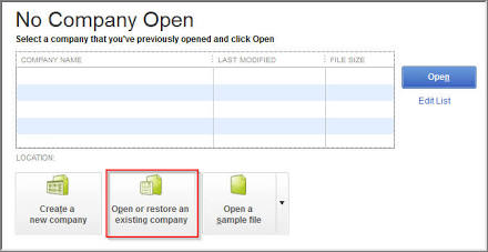 No Company Open window showing Open or Restore an Existing Company button 
