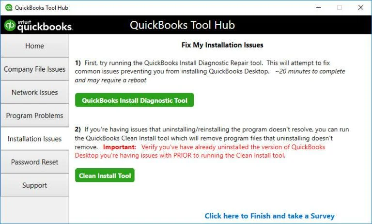 Infographics showing the QuickBooks Tool Hub window, Installation Issues, and the QuickBooks Install Diagnostic Tool. buttons.