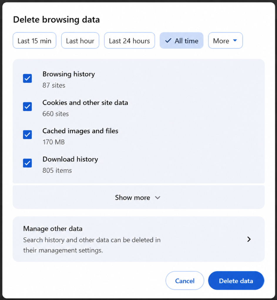 Infographics showing the Clear browsing data window.