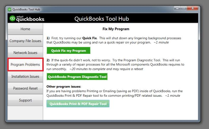 Infographics showing the QuickBooks Tool Hub window and the Program Problems and Quick Fix My Program buttons.