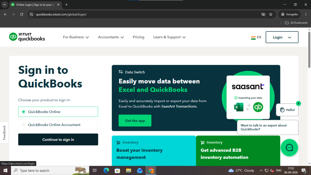 Infographics showing the QuickBooks website in an Incognito Window.