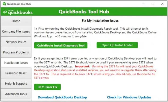 Image showing Installation Issues Button