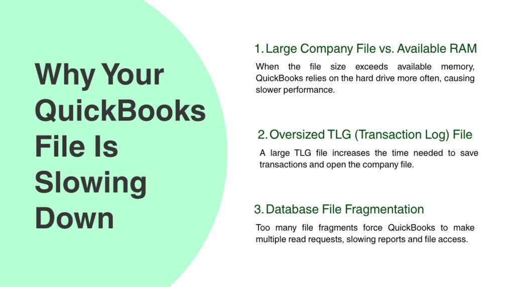 An infographic on a split background with a large light green semi-circle on the left containing the title "Why Your QuickBooks File Is Slowing Down". On the white background to the right, three numbered technical reasons are listed:

1. Large Company File vs. Available RAM: When the file size exceeds available memory, QuickBooks relies on the hard drive more often, causing slower performance.

2. Oversized TLG (Transaction Log) File: A large TLG file increases the time needed to save transactions and open the company file.

3. Database File Fragmentation: Too many file fragments force QuickBooks to make multiple read requests, slowing reports and file access.