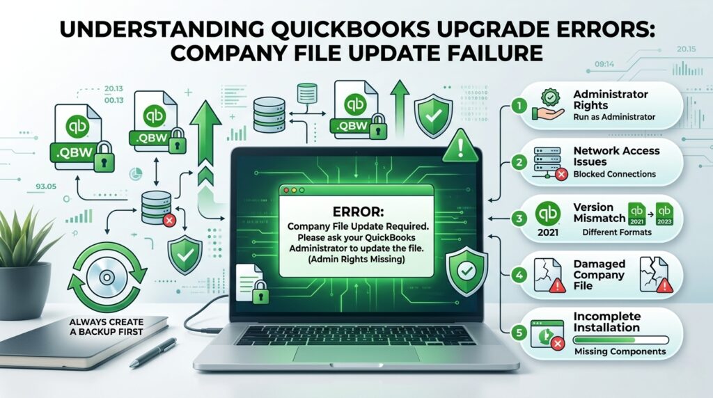 An infographic titled "UNDERSTANDING QUICKBOOKS UPGRADE ERRORS: COMPANY FILE UPDATE FAILURE". The center features an open laptop on a desk displaying an error popup message: "ERROR: Company File Update Required. Please ask your QuickBooks Administrator to update the file. (Admin Rights Missing)."
To the left of the laptop, a dark green circular arrow graphic encloses a backup disk icon alongside the text "ALWAYS CREATE A BACKUP FIRST," surrounded by abstract graphics of database servers and locked QuickBooks (.QBW) files.
To the right of the laptop, five numbered categories explain common causes pointing back to the central error:
1. Administrator Rights: Run as Administrator (hand holding a checkmark icon).
2. Network Access Issues: Blocked Connections (server racks with a red 'X' icon).
3. Version Mismatch: Different Formats, showing an arrow from qb 2021 to qb 2023 (QuickBooks 2021 logo).
4. Damaged Company File: Represented by torn document icons with red warning triangles.
5. Incomplete Installation: Missing Components (installation window with a partial green loading bar and a red 'X' icon).An infographic titled "UNDERSTANDING QUICKBOOKS UPGRADE ERRORS: COMPANY FILE UPDATE FAILURE". The center features an open laptop on a desk displaying an error popup message: "ERROR: Company File Update Required. Please ask your QuickBooks Administrator to update the file. (Admin Rights Missing)."
To the left of the laptop, a dark green circular arrow graphic encloses a backup disk icon alongside the text "ALWAYS CREATE A BACKUP FIRST," surrounded by abstract graphics of database servers and locked QuickBooks (.QBW) files.
To the right of the laptop, five numbered categories explain common causes pointing back to the central error:
1. Administrator Rights: Run as Administrator (hand holding a checkmark icon).
2. Network Access Issues: Blocked Connections (server racks with a red 'X' icon).
3. Version Mismatch: Different Formats, showing an arrow from qb 2021 to qb 2023 (QuickBooks 2021 logo).
4. Damaged Company File: Represented by torn document icons with red warning triangles.
5. Incomplete Installation: Missing Components (installation window with a partial green loading bar and a red 'X' icon).